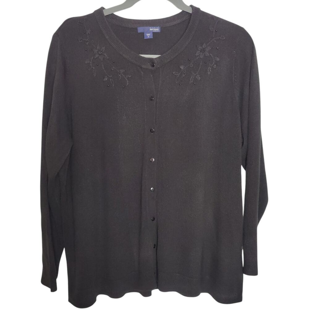 Basic Editions Women's Plus Sz 3X Black Beaded Cardigan Sweater Soft Recycled